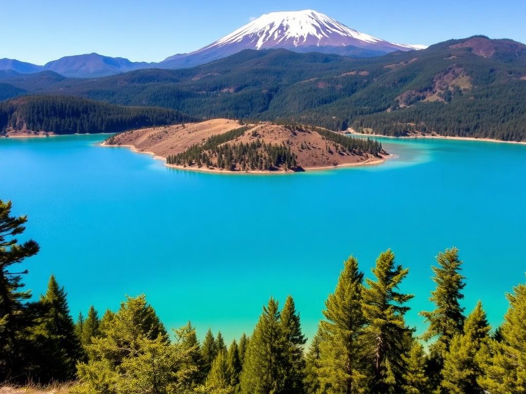 Lago andino azul-turquesa com vulcão nevado no Chile