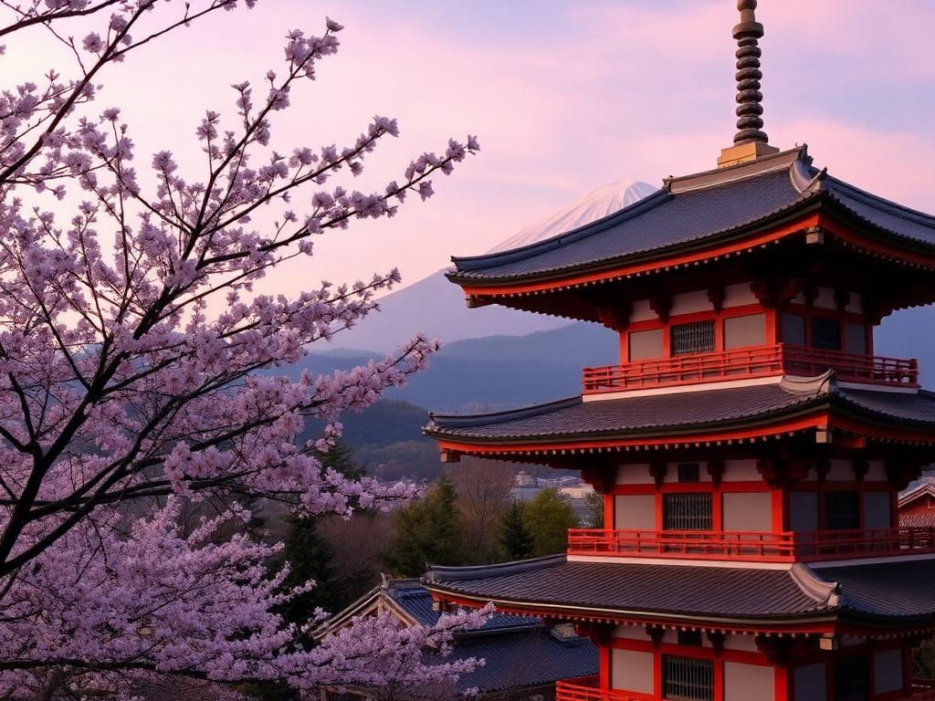 Pagode japonês entre cerejeiras em flor